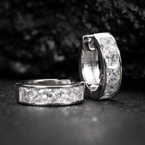 White Gold Plated 925 Sterling Silver Square Princess Cut Huggie Hoop Earrings
